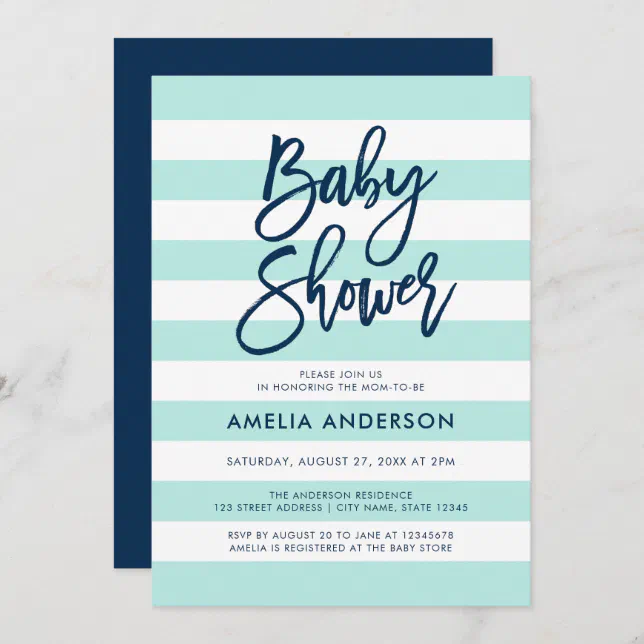 Pastel Mint & White Stripes Blue Baby Shower Invitation | Zazzle