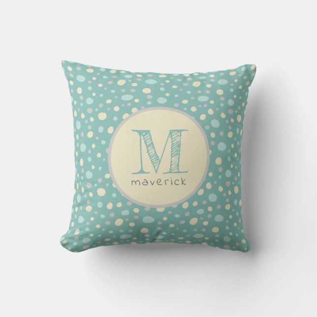 Pastel Mint Yellow Cute Spots Baby Custom Monogram Throw Pillow (Front)