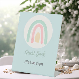 Pastel Minty Blue Rainbow Baby Shower Guest Book   Pedestal Sign