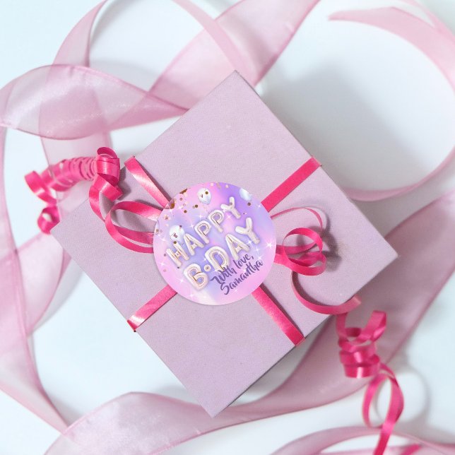 Pastel Modern Glam Trendy Balloons Happy Birthday Classic Round Sticker (Creator Uploaded)