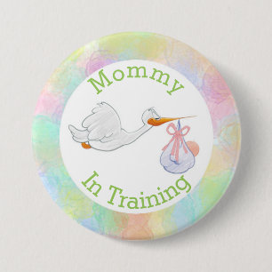 Pastel Mommy In Training Stork with Baby Shower Button