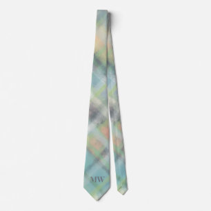 Pastel Monogram Green Teal Yellow Gray Plaid Check Neck Tie