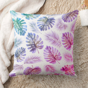 Pastel Monstera and Palm Leaves Watercolor Throw Pillow