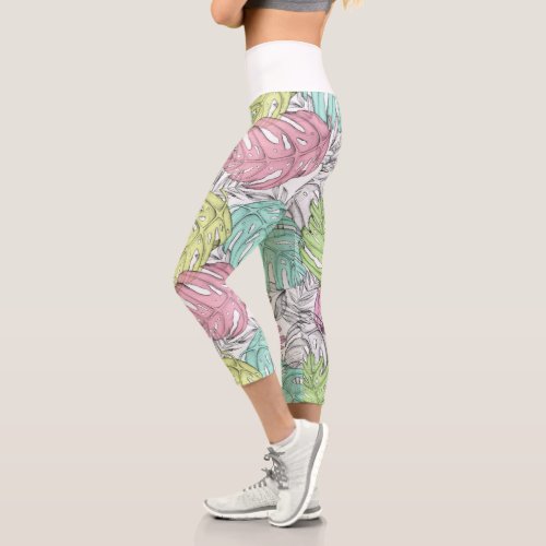 Pastel monstera leaf tropical watercolor  capri leggings