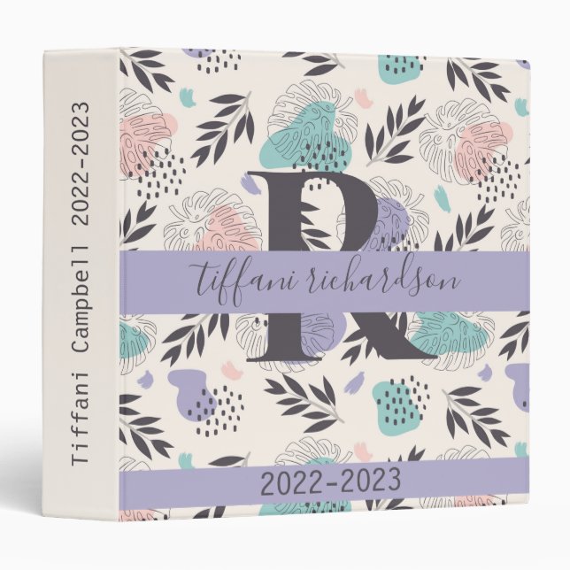 Pastel Monstera Leaves Monogram 3 Ring Binder (Front/Spine)