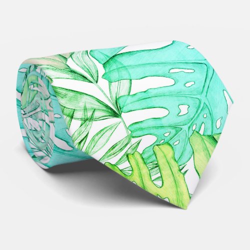 Pastel monstera palm leaf tropical watercolor  neck tie