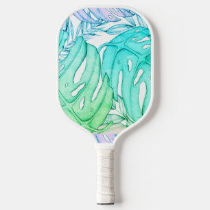 Pastel monstera palm leaf tropical watercolor pickleball paddle