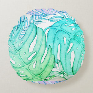 Pastel monstera palm leaf tropical watercolor round pillow