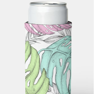 Pastel monstera palm leaf tropical watercolor  seltzer can cooler