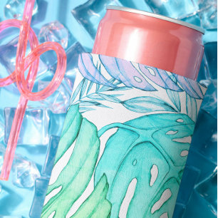 Pastel monstera palm leaf tropical watercolor seltzer can cooler