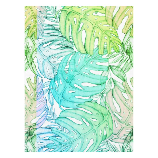 Pastel monstera palm leaf tropical watercolor  tablecloth (Front)