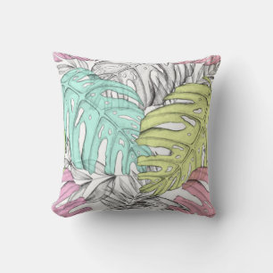 Pastel monstera palm leaf tropical watercolor throw pillow