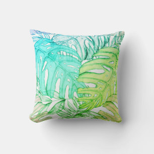Pastel monstera palm leaf tropical watercolor throw pillow
