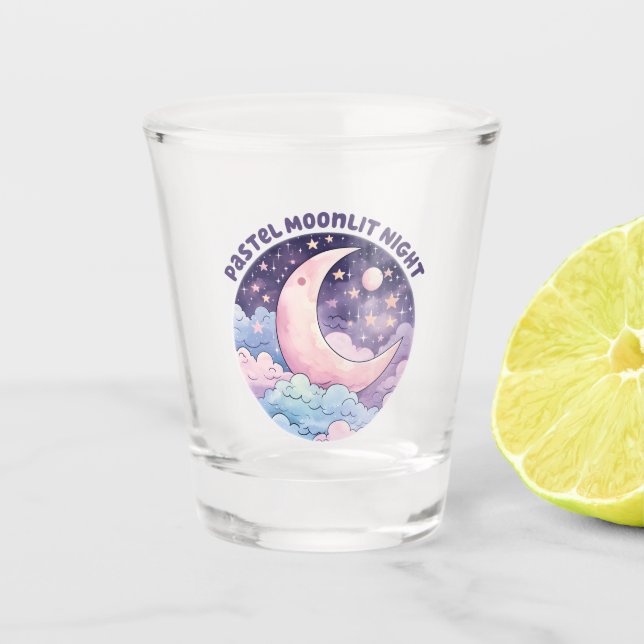 Pastel Moonlit Night – Dreamy Crescent Moon Shot Glass (Front)