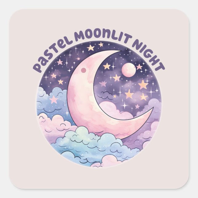 Pastel Moonlit Night – Dreamy Crescent Moon Square Sticker (Front)