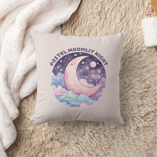 Pastel Moonlit Night – Dreamy Crescent Moon Throw Pillow (Blanket)