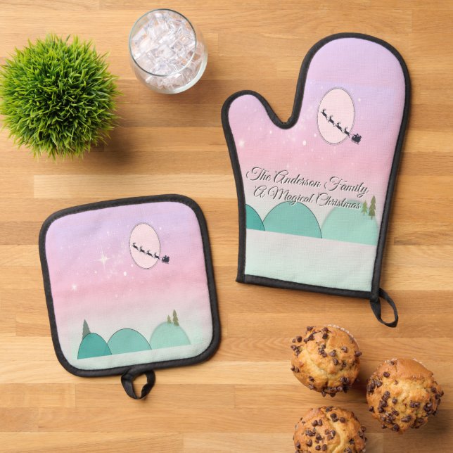 Pastel Moonlit Winter Whispers Oven Mitt & Pot Holder Set (Top Down)