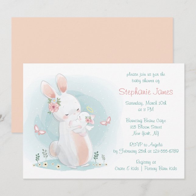 Pastel Mother and Baby Rabbit Baby Shower Invitation (Front/Back)