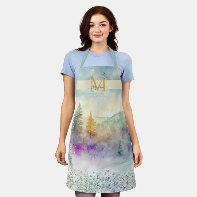 Pastel mountain forest artsy custom Monogram Apron (Worn)