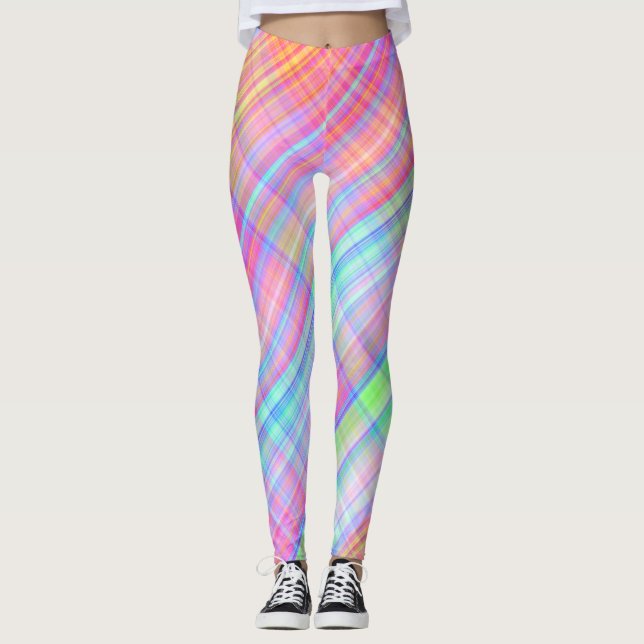 Pastel Multicolor Plaid Fabric  Leggings (Front)