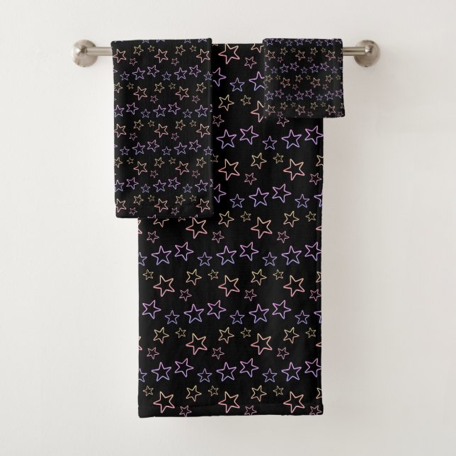 Pastel Multicolor Star Silhouettes on Black Bath Towel Set (Insitu)