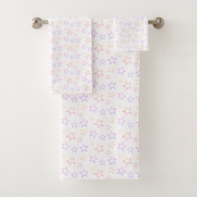 Pastel Multicolor Star Silhouettes on White Bath Towel Set (Insitu)