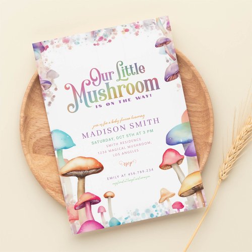 pastel mushroom magical forest baby shower invitation