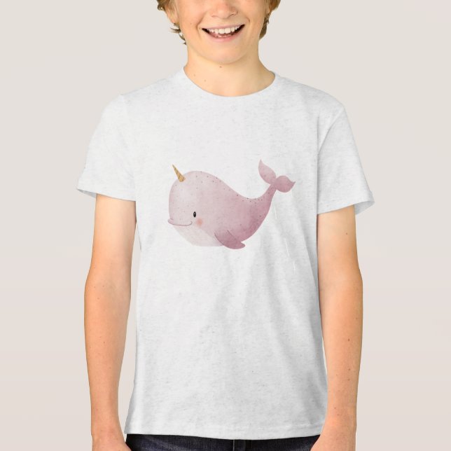 Pastel Narwhal Watercolor Illustration Tri-Blend Shirt (Front)