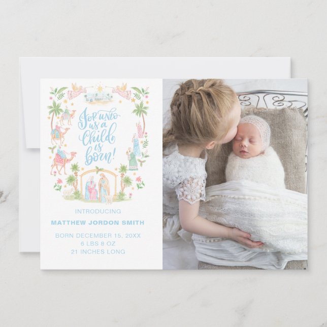 Pastel Nativity Baby Announcement Photo Card (Front)