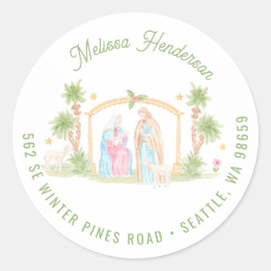 Pastel Nativity Christmas Address Classic Round Sticker
