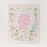Pastel Nativity Folded Christmas Card Jigsaw Puzzle<br><div class="desc">This Christmas puzzle features a nativity image of baby Jesus sleeping in a manger with Mary and Joseph in the center surrounded by a the wise men and two angels. The center has a greeting that says "Hark the herald angels sing."</div>