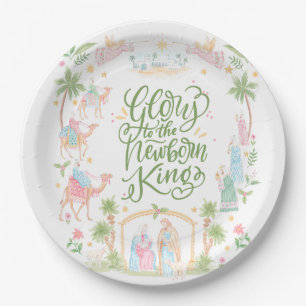 Pastel Nativity Glory to the Newborn King Paper Plates