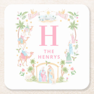 Pastel Nativity Monogram Square Paper Coaster