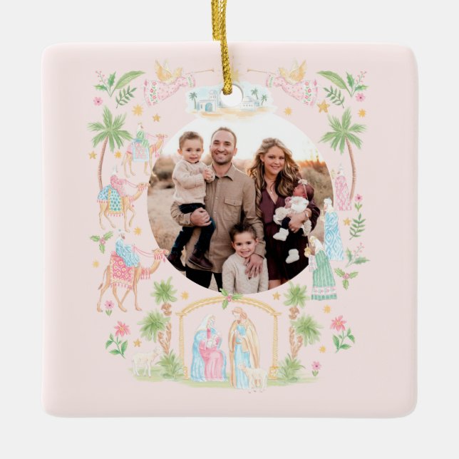 Pastel Nativity Photo Ceramic Ornament (Front)