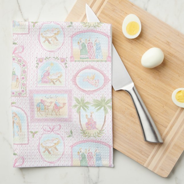 Pastel Nativity Scenes Christmas Kitchen Towel (Quarter Fold)