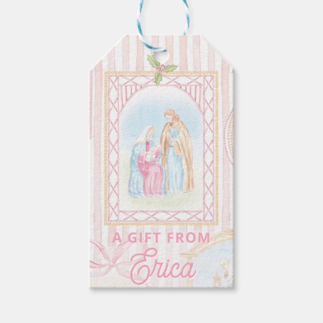 Pastel Nativity | Scenes Striped Gift Tags (Front)