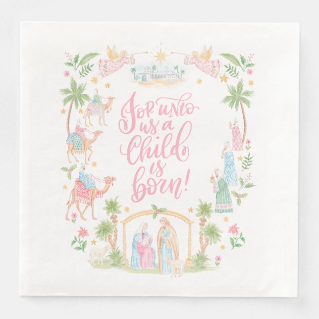 Pastel Nativity | Unto Us a Child is Born Paper Dinner Napkins (Front)