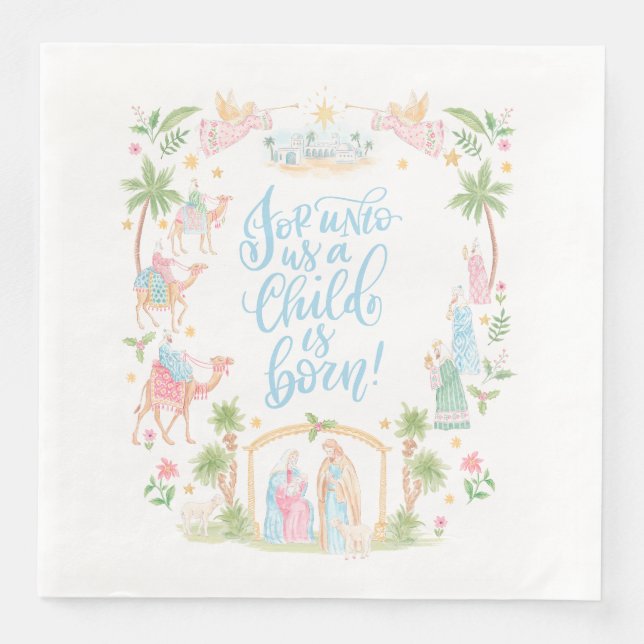Pastel Nativity | Unto Us a Child is Born Paper Dinner Napkins (Front)
