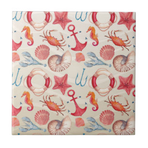 Pastel Nautical Seahorse Anchor Crab Shell lobster Tile