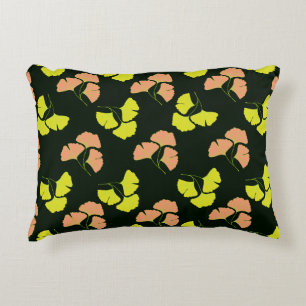 Pastel-Neon Ginko Leaves on Black Background Accent Pillow