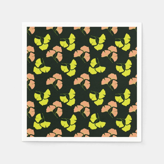 Pastel-Neon Ginko Leaves on Black Background Napkins (Front)