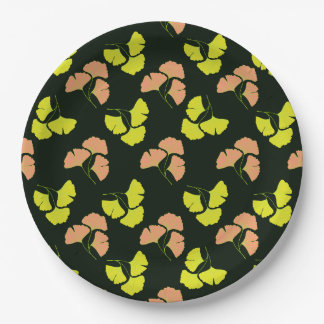 Pastel-Neon Ginko Leaves on Black Background Paper Plates