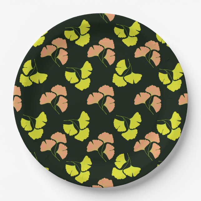 Pastel-Neon Ginko Leaves on Black Background Paper Plates (Front)