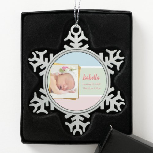 Pastel Newborn Baby Girl Photo Birth Record Stat Snowflake Pewter Christmas Ornament
