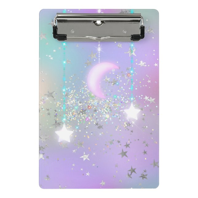 Pastel night sky glowing moon star glitter cute  mini clipboard (Front)
