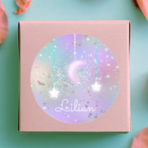 Pastel night sky glowing moon stars glitter cute classic round sticker