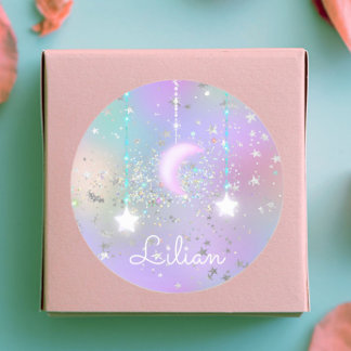 Pastel night sky glowing moon stars glitter cute classic round sticker