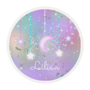 Pastel night sky glowing moon stars glitter cute edible frosting rounds