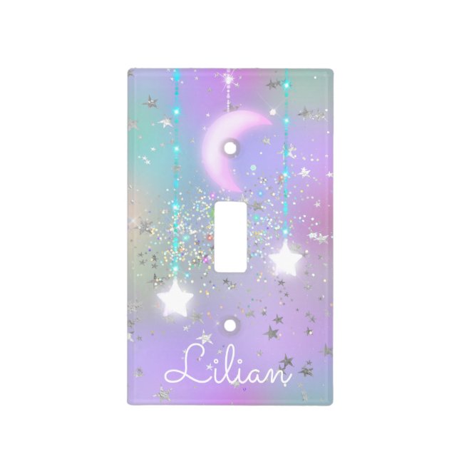 Pastel night sky glowing moon stars glitter cute  light switch cover (Front)