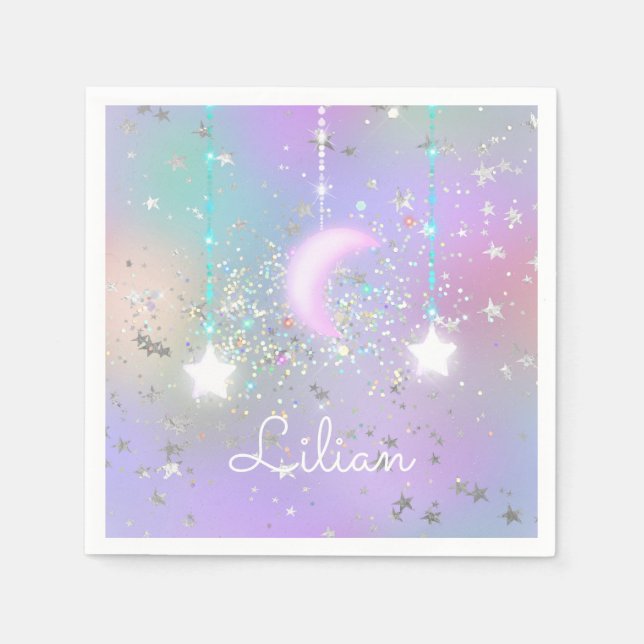 Pastel night sky glowing moon stars glitter cute  napkins (Front)